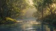 A tranquil river winding its way through a misty forest, with sunlight filtering through the dense canopy and casting a golden glow upon the crystal-clear waters, 