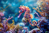 Fototapeta Londyn - Image for 3d floor. Underwater world. Seahorse. corals.