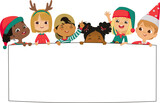 Fototapeta Dinusie - Multicultural kids Christmas Elves hold a blank board. Cute little kids on a white background show a blank poster for text entry. Inclusive education. Banner. Cartoon Vector illustration. Isolated.