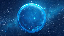 A Blue Circle In The Center, With Stars And Dots Surround It, Glass Asmaterial, Flatness Of Space, In The Style Of Vibrant Stage Backdrops, Technological Design, Internet Style, High Horizon Lines