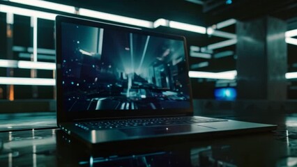 Leinwandbilder - High-Tech Laptop With Futuristic City Graphics Displayed in Dark Room