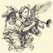 an old sketch of a Angel flying and trumpet on pipe, Sketch, Drawing, Line Art, Archaeological Illustration  