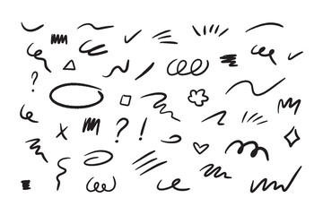 Poster - Marker scribble elements collection. Grunge hand drawn icons, strokes, underlines, wave brush marks.Vector set isolated on white background.