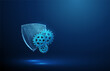 Abstract blue futuristic guard shield and cogwheels. Protection, cyber security and insurance concept. Low poly digital style. Geometric background. Wireframe connection structure. 3d graphic. Vector