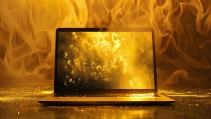 Leinwandbilder - Golden Dust Abstract on Laptop Screen Against Dark Background