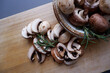 Champignon mushroom on the wooden table. healthy food concept decoration background. Mushrooms composition on wooden plate.