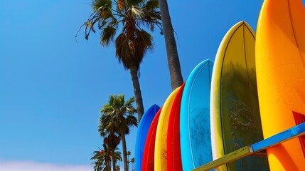 Bright Surfboards Standing Against Tropical Palms