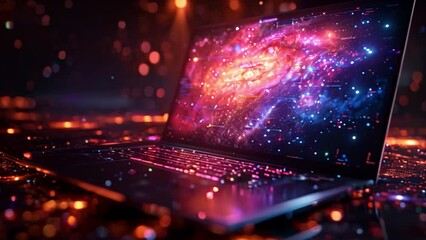 futuristic laptop with cosmic wallpaper on display
