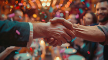 Crowd At Party Enjoying Fun Event, Shaking Hands In Traditional Gesture