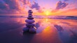 Stack of zen stones on the beach at sunset. Zen and harmony concept. copy space.