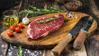 Lebensmittel, Speisen, Rindersteak roh, auf einem rustikalen Holzbrett, Steakmesser, KI generiert