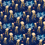 Fototapeta Dinusie - Underwater sea life vector background with jellyfish, starfish, seaweed seamless pattern design