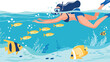 Girl snorkelling in the sea with fishes. Diving woman