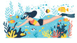 Girl snorkelling in the sea with fishes. Diving woman