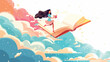 Girl student or preschooler flying in the sky on a mag