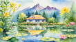 Little house by the lake and mountain surrounded with flower blooming, watercolor painting style, generative AI.
