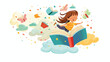Girl student or preschooler flying in the sky on a mag