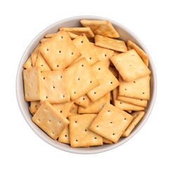 Wall Mural - Tasty crackers in bowl isolated on white, top view