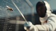 A skilled fencer fighting a fierce duel with a tiny bug on the fencing field. The concept of precision and concentration.