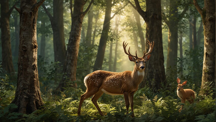 Wall Mural - deer in the forest on morning