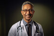 Generative AI image of portrait of smiling mature male doctor in uniform with stethoscope on shoulders looking at camera while standing in light against gray background
