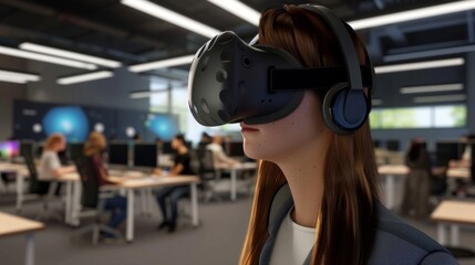 Poster - Woman Experiencing Virtual Reality in Modern Office