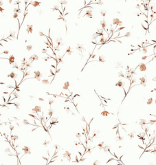 Wall Mural - tiny floral pattern on white background, small flowers scattered around the design, muted colors, small roses and leaves in shades of blue, cream, grey, small tiny birds flying through the scene