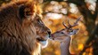 A large lion and a deer have a very pleasant companionship
