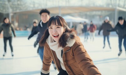 Asian people are enjoying skating on the amazing public ice ring