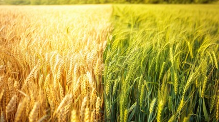 Wall Mural - Barley and wheat crops interface in a sunlit field displaying contrasting shades of green