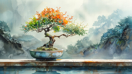 Wall Mural - watercolor painted illustration of a bonsai