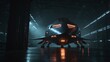 In dark hangar, glow of neon lights reflects off the smooth metal surfaces of a massive spacecraft