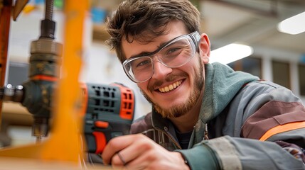 Smiling young white adult male working with power drill in workshop