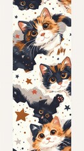 Seamless Vector Of Calico Cat Kittens, Each In A Unique Playful Pose, Peeking Through Starshaped Holes, Soft Color Palette
