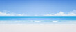 Vector blue sea or ocean background. Beautiful illustration of sandy summer beach. Summer holidays horizontal banner design template