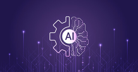 Artificial intelligence vector illustration. Technology background template. Abstract high tech brain on a purple background. Data analysis, neural network.