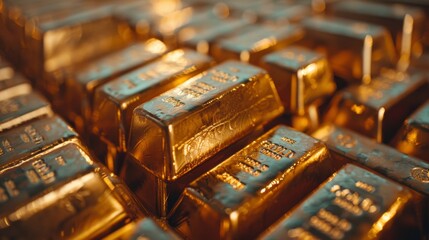 Close-up of stacked gold bars with engraved markings, reflecting warm golden light.