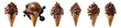 Ice cream set PNG. Chocolate ice cream cone with chocolate pieces and sprinkles PNG. Chocolate ice cream dripping PNG. Chocolate ice cream top view isolated. Chocolate dessert flat lay PNG