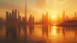 Warm sunset over a tranquil city skyline with water reflections, ideal for travel or urban themes.