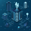 Isometric artificial intelligence technology. Isometric cloud computing concept. Artificial intelligence neural network future technology. Server computers