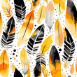 Watercolor seamless pattern with black and gold feathers on a polka-dot background.