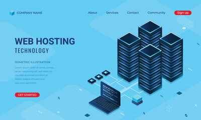 Wall Mural - isometric web banner hosting technology. computing cloud and connections. web hosting concept. landi