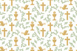 seamless pattern with christian religion icons: dove, chalice and cross; great for wrapping, greeting cards, invitations- vector illustration