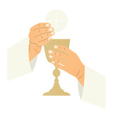 Fototapeta Mapy - hands of priest holding holy eucharistic host and chalice, communion, wafer; it's ideal for religious publications, church newsletters, or spiritual websites- vector illustration