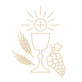 Fototapeta Mapy - golden holy communion chalice with waffer, grapes and wheat ears; design element for first holy communion invitations and greeting cards - vector illustration