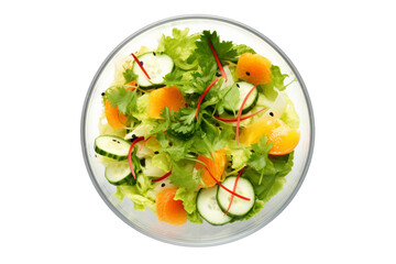 Wall Mural - a clean white backdrop in a studio setting, a wooden bowl holds a vibrant vegetable salad comprising tomatoes, cucumbers, lettuce, onions, olives, and bell peppers.