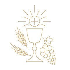 Poster - golden holy communion chalice with waffer, grapes and wheat ears; design element for first holy communion invitations and greeting cards - vector illustration