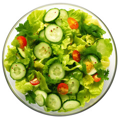 Wall Mural - a clean white backdrop in a studio setting, a wooden bowl holds a vibrant vegetable salad comprising tomatoes, cucumbers, lettuce, onions, olives, and bell peppers.