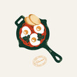 Frying pan with fried eggs and parsley with bread. Shakshuka breakfast illustration. Vector illustration