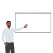 Young man explaining material on school lesson whiteboard. Educational process at university. Flat vector illustration isolated on white background